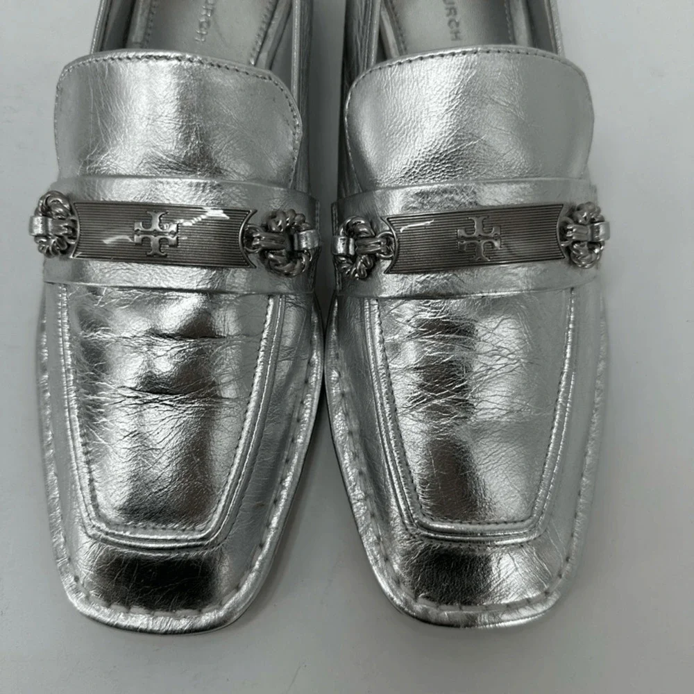 Tory Burch Perrine Metallic Chain Loafers Size 6.5 Silver Leather Flats